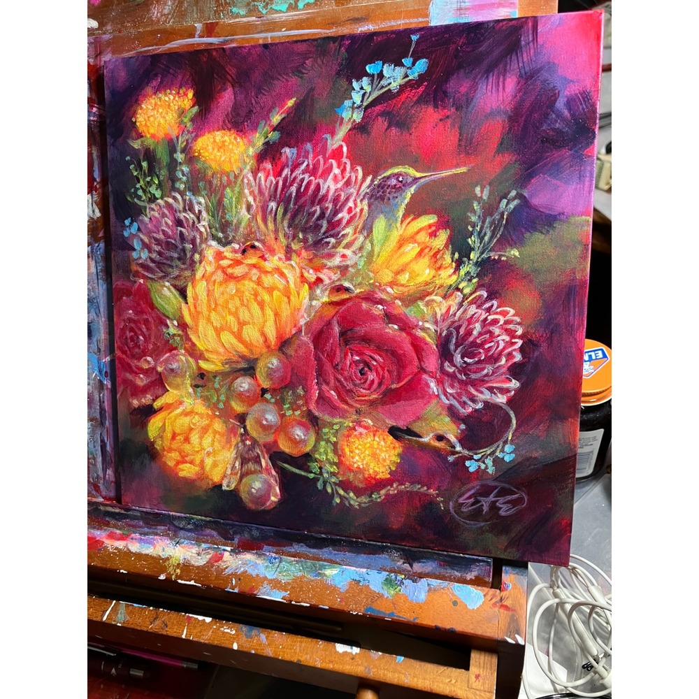 hummingbird Original Floral Painting bumblebees Bouquet Roses Signed Artettina - Picture 2 of 8